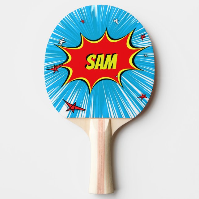 Blue & Red Stars Comic Explosion Personalized Ping Pong Paddle (Front)