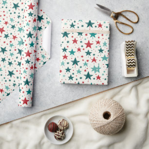 Blue Red Stars Festive Holiday Pattern  Wrapping Paper