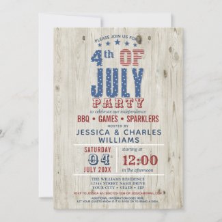 Blue & Red Stars & Stripes Rustic | 4th of July Invitation