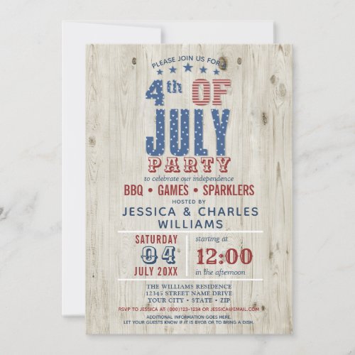Blue  Red Stars  Stripes Rustic  4th of July Invitation