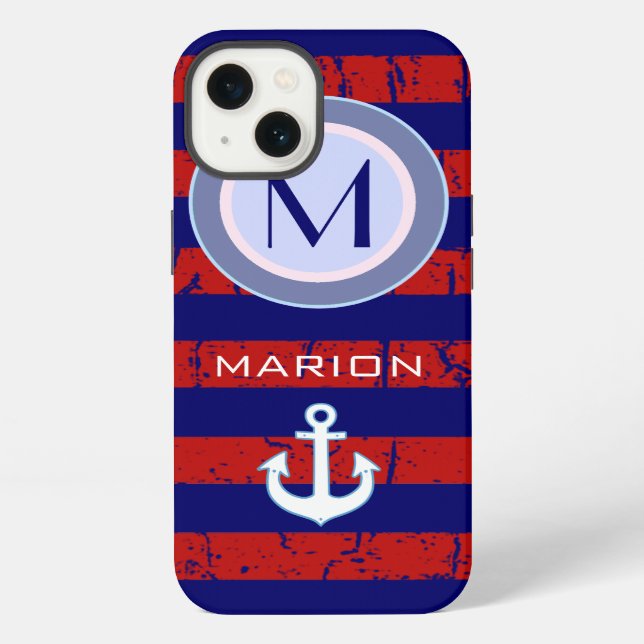 blue&red stripes & anchor monogram iphone case (Back)