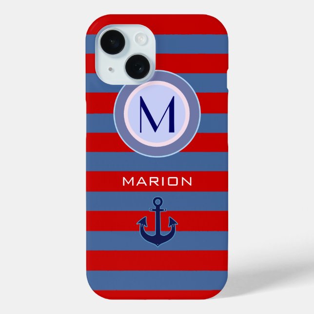 blue&red Stripes & Anchor Monogrammed Case-Mate iPhone Case (Back)