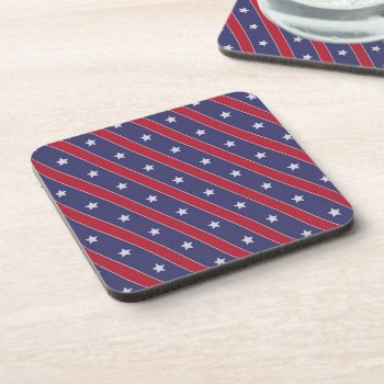 Blue Red Stripes Stars Pattern Coaster by sumwoman at Zazzle
