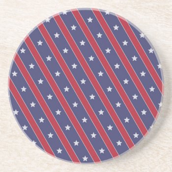 Blue Red Stripes Stars Pattern Drink Coaster by sumwoman at Zazzle