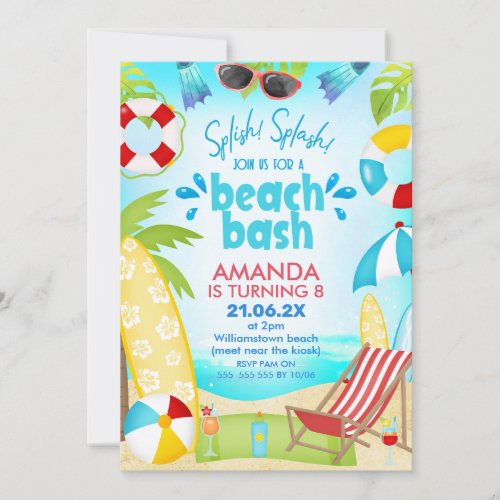 Blue Red Summer Beach Bash Birthday Invitation