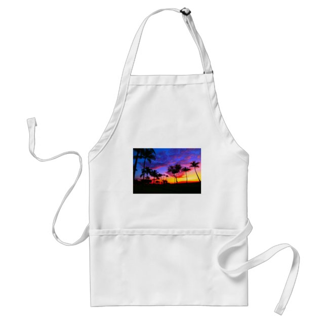 Blue Red Sunset Exotic Hawaiian Beach Palm Trees Adult Apron (Front)