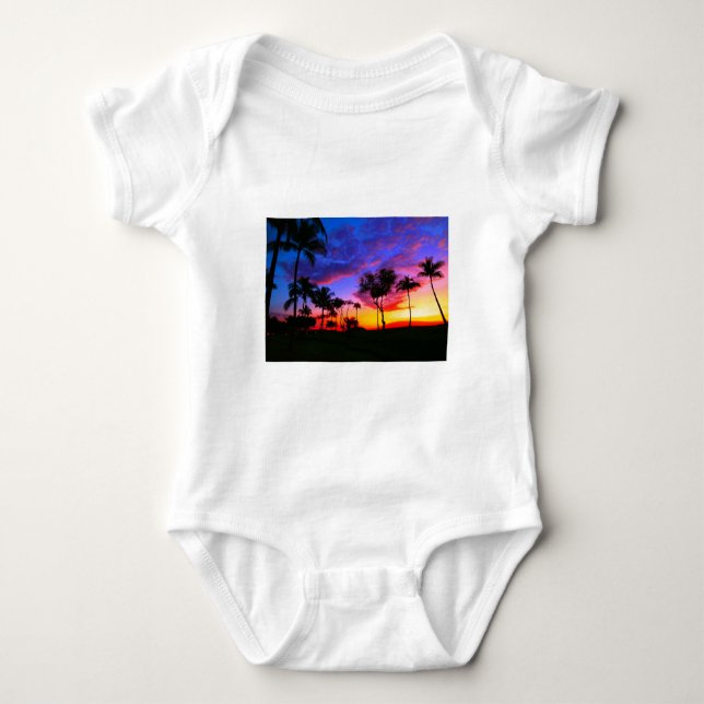 Blue Red Sunset Exotic Hawaiian Beach Palm Trees Baby Bodysuit (Front)