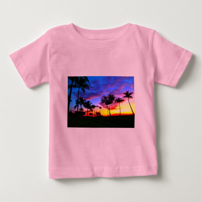 Blue Red Sunset Exotic Hawaiian Beach Palm Trees Baby T-Shirt (Front)