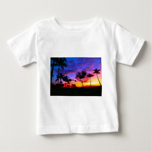 Blue Red Sunset Exotic Hawaiian Beach Palm Trees Baby T_Shirt