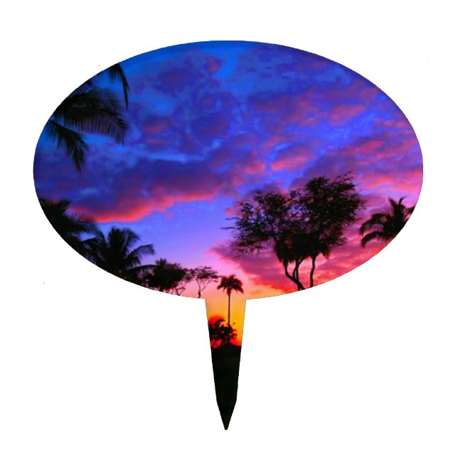 Blue Red Sunset Exotic Hawaiian Beach Palm Trees Cake Topper (Front)