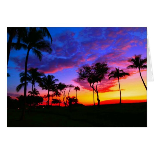 Blue Red Sunset Exotic Hawaiian Beach Palm Trees Cards (Front Horizontal)