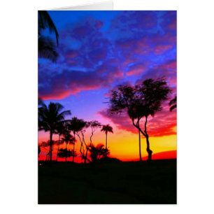 Blue Red Sunset Exotic Hawaiian Beach Palm Trees Cards