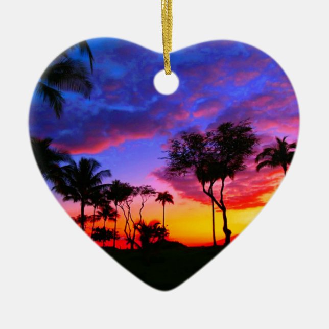 Blue Red Sunset Exotic Hawaiian Beach Palm Trees Ceramic Ornament (Front)