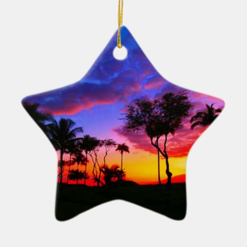 Blue Red Sunset Exotic Hawaiian Beach Palm Trees Ceramic Ornament