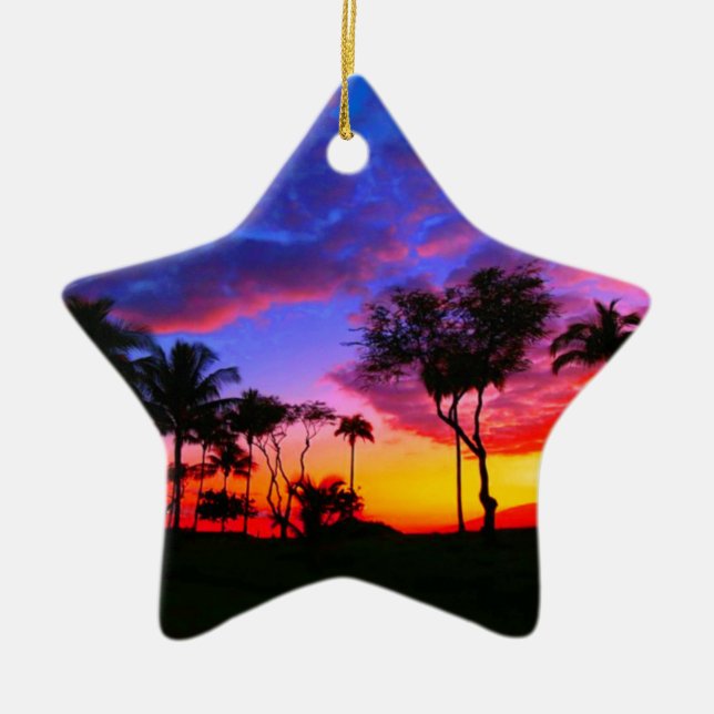 Blue Red Sunset Exotic Hawaiian Beach Palm Trees Ceramic Ornament (Front)