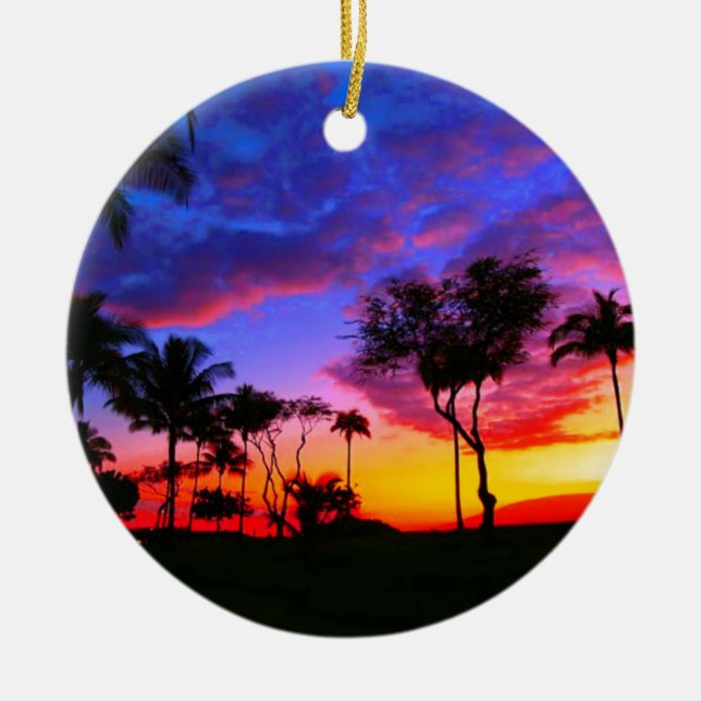 Blue Red Sunset Exotic Hawaiian Beach Palm Trees Ceramic Ornament (Front)