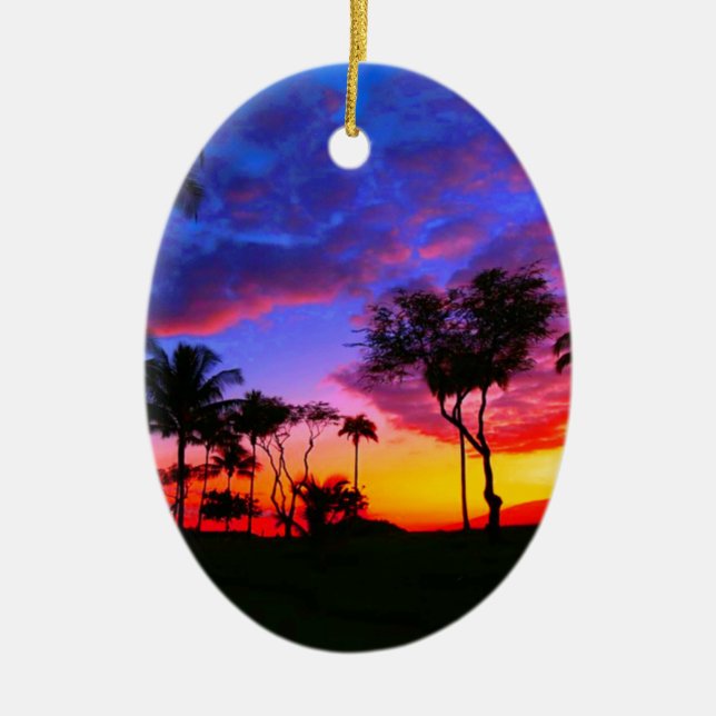 Blue Red Sunset Exotic Hawaiian Beach Palm Trees Ceramic Ornament (Front)