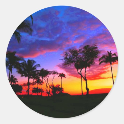 Blue Red Sunset Exotic Hawaiian Beach Palm Trees Classic Round Sticker