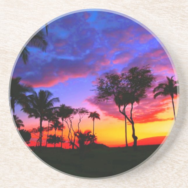 Blue Red Sunset Exotic Hawaiian Beach Palm Trees Coaster (Front)