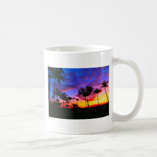Blue Red Sunset Exotic Hawaiian Beach Palm Trees Coffee Mug