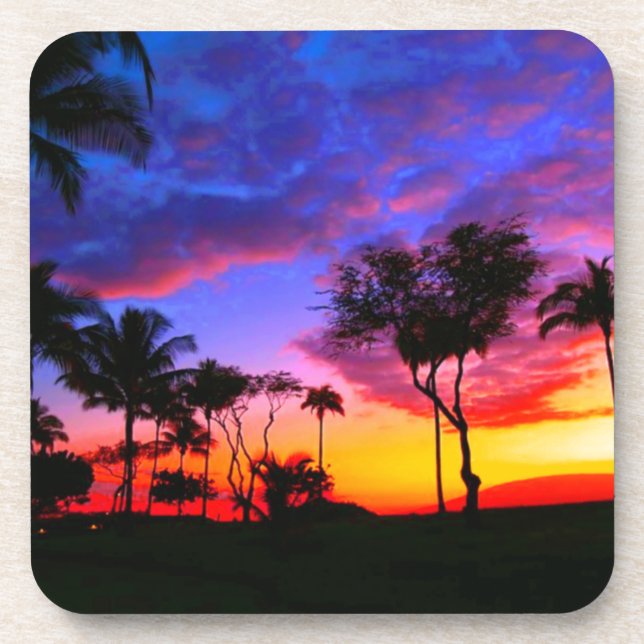 Blue Red Sunset Exotic Hawaiian Beach Palm Trees Drink Coaster (Front)