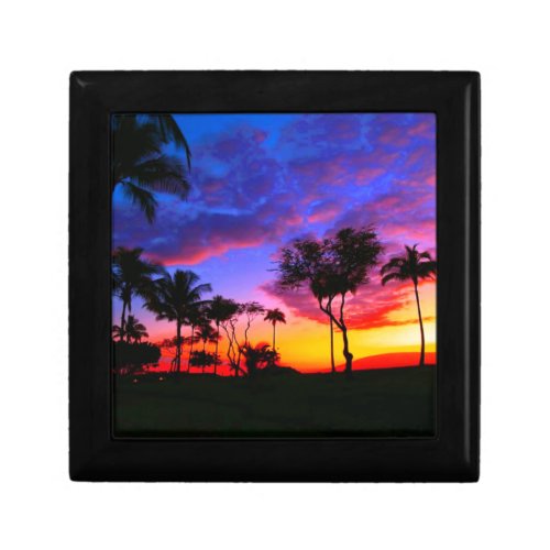 Blue Red Sunset Exotic Hawaiian Beach Palm Trees Gift Box
