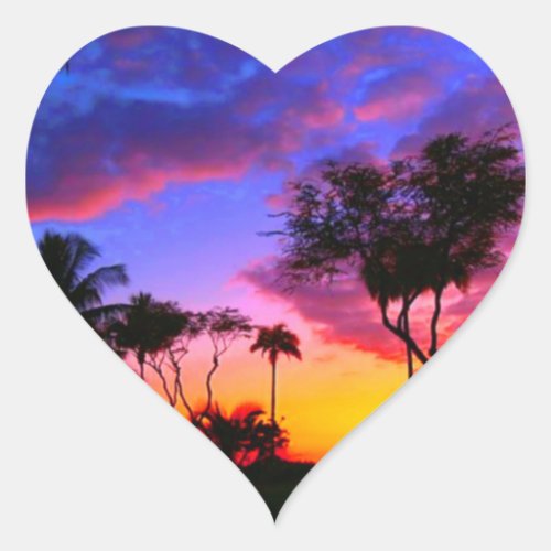 Blue Red Sunset Exotic Hawaiian Beach Palm Trees Heart Sticker