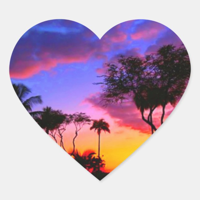 Blue Red Sunset Exotic Hawaiian Beach Palm Trees Heart Sticker (Front)