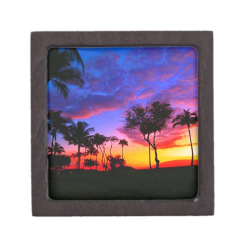 Blue Red Sunset Exotic Hawaiian Beach Palm Trees Jewelry Box