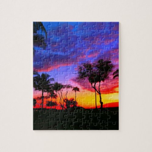 Blue Red Sunset Exotic Hawaiian Beach Palm Trees Jigsaw Puzzle