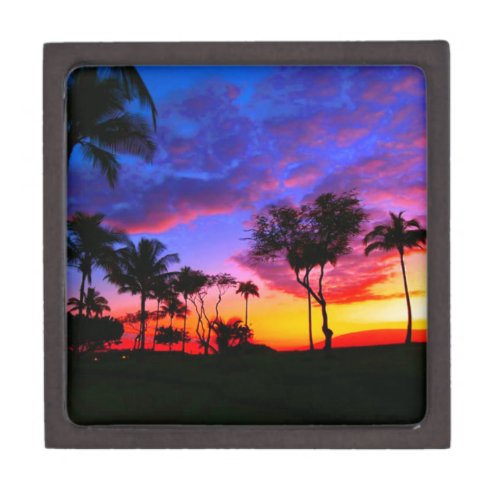 Blue Red Sunset Exotic Hawaiian Beach Palm Trees Keepsake Box