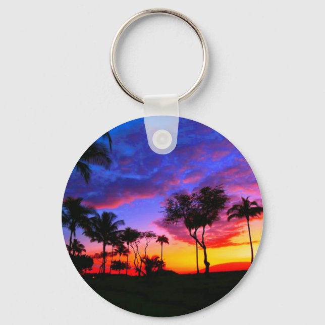 Blue Red Sunset Exotic Hawaiian Beach Palm Trees Keychain (Front)