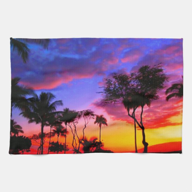 Blue Red Sunset Exotic Hawaiian Beach Palm Trees Kitchen Towel (Horizontal)