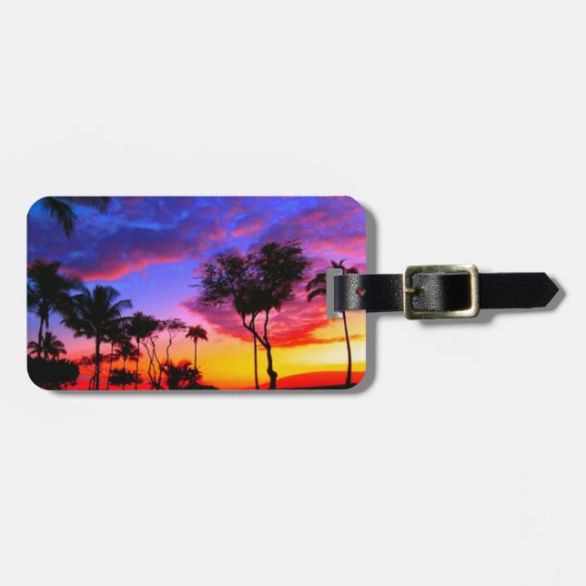 Blue Red Sunset Exotic Hawaiian Beach Palm Trees Luggage Tag (Front Horizontal)
