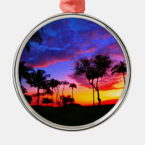Blue Red Sunset Exotic Hawaiian Beach Palm Trees Metal Ornament