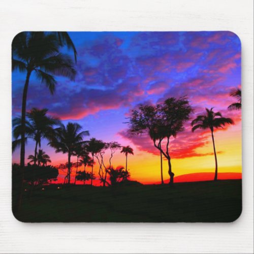 Blue Red Sunset Exotic Hawaiian Beach Palm Trees Mouse Pad