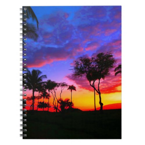Blue Red Sunset Exotic Hawaiian Beach Palm Trees Notebook