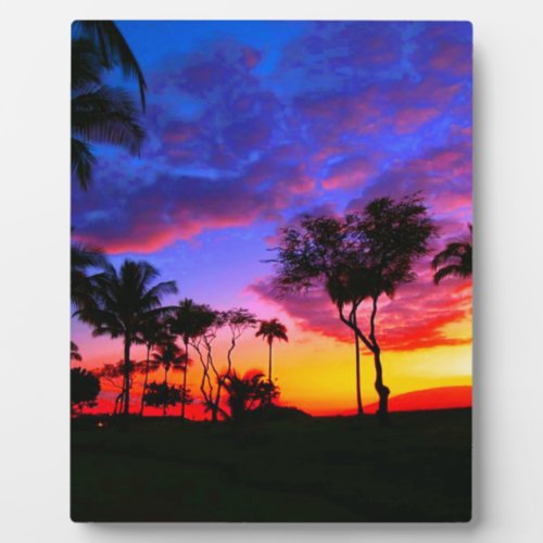 Blue Red Sunset Exotic Hawaiian Beach Palm Trees Plaque