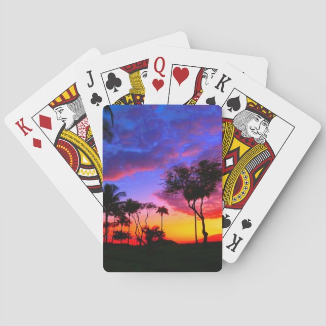 Blue Red Sunset Exotic Hawaiian Beach Palm Trees Poker Cards (Back)