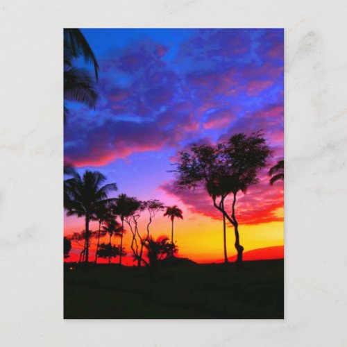 Blue Red Sunset Exotic Hawaiian Beach Palm Trees Postcard