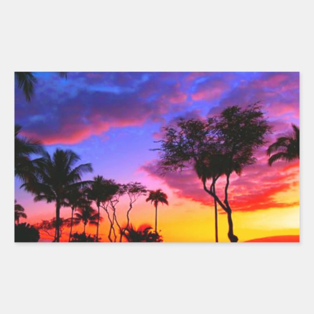 Blue Red Sunset Exotic Hawaiian Beach Palm Trees Rectangular Sticker (Front)