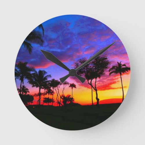 Blue Red Sunset Exotic Hawaiian Beach Palm Trees Round Clock