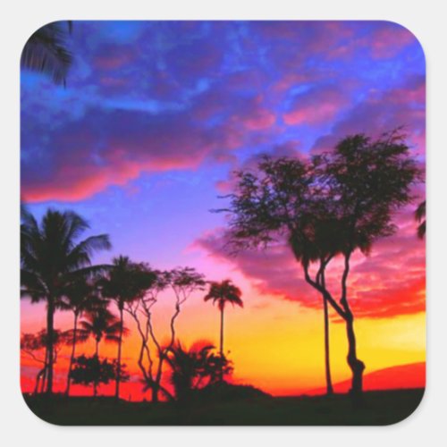 Blue Red Sunset Exotic Hawaiian Beach Palm Trees Square Sticker
