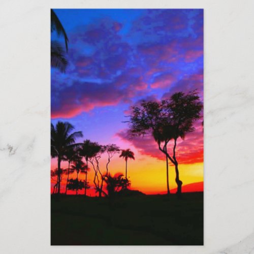 Blue Red Sunset Exotic Hawaiian Beach Palm Trees Stationery
