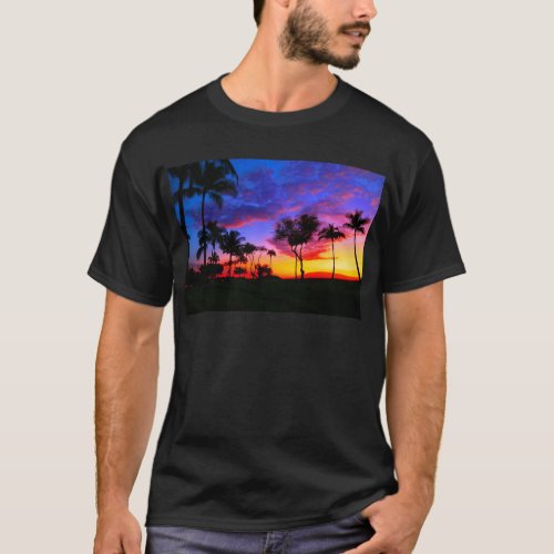 Blue Red Sunset Exotic Hawaiian Beach Palm Trees T_Shirt