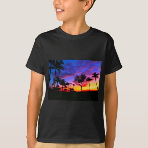 Blue Red Sunset Exotic Hawaiian Beach Palm Trees T_Shirt