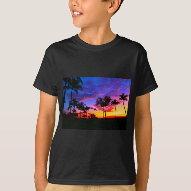 Blue Red Sunset Exotic Hawaiian Beach Palm Trees T-Shirt (Front)