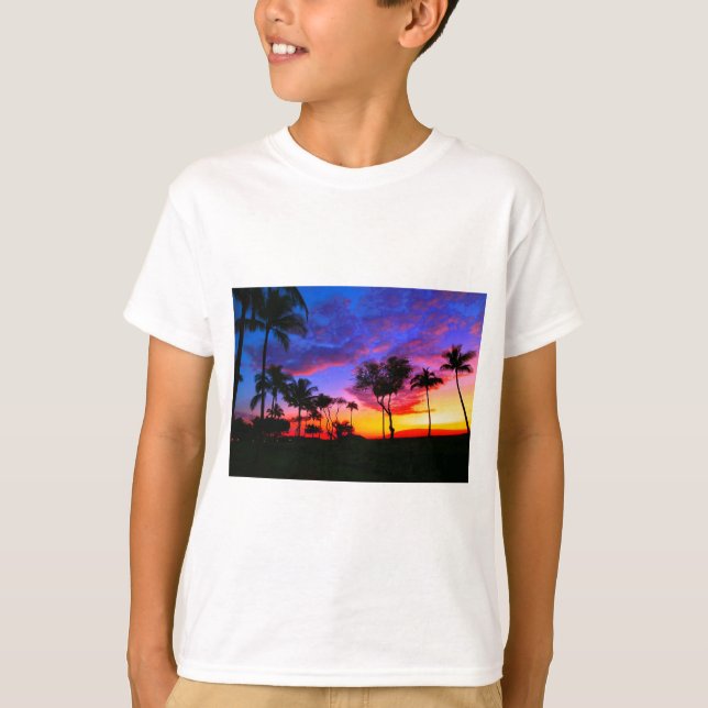 Blue Red Sunset Exotic Hawaiian Beach Palm Trees T-Shirt (Front)