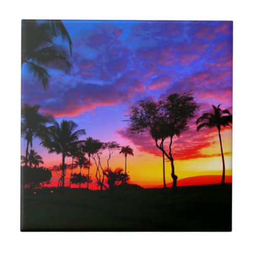 Blue Red Sunset Exotic Hawaiian Beach Palm Trees Tile