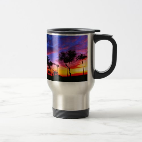 Blue Red Sunset Exotic Hawaiian Beach Palm Trees Travel Mug